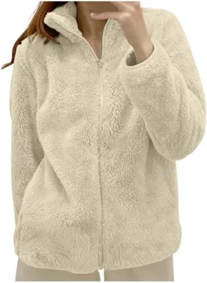 Sherpa Jacket Women Solid Color Fuzzy Zip Up Warm Plus Size Fleece Jacket Oversized Faux Fur Coat