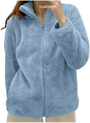Sherpa Jacket Women Solid Color Fuzzy Zip Up Warm Plus Size Fleece Jacket Oversized Faux Fur Coat