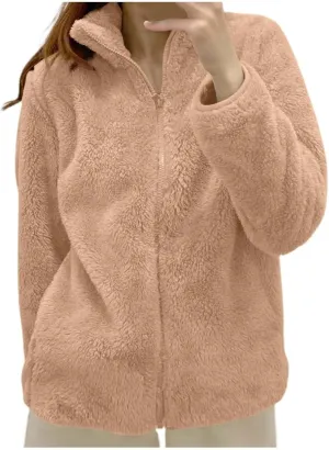 Sherpa Jacket Women Solid Color Fuzzy Zip Up Warm Plus Size Fleece Jacket Oversized Faux Fur Coat