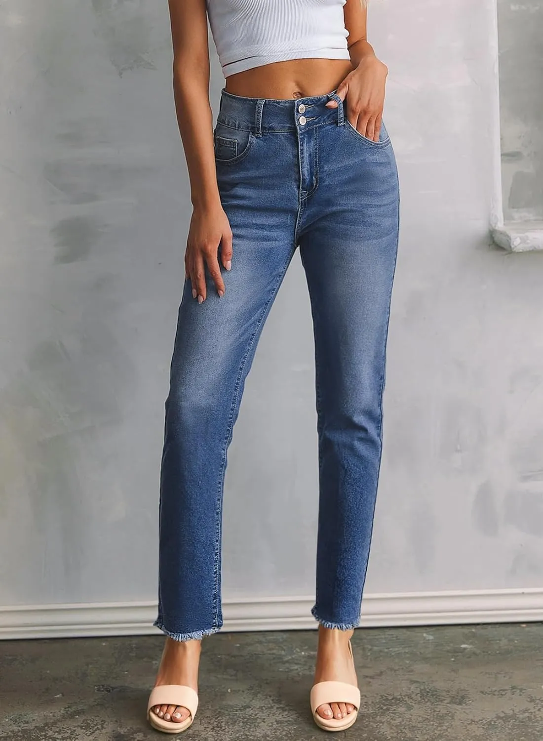 Sidefeel Womens Jeans High Waisted Strechy Raw Hem Straight Leg Denim Pants with Pockets