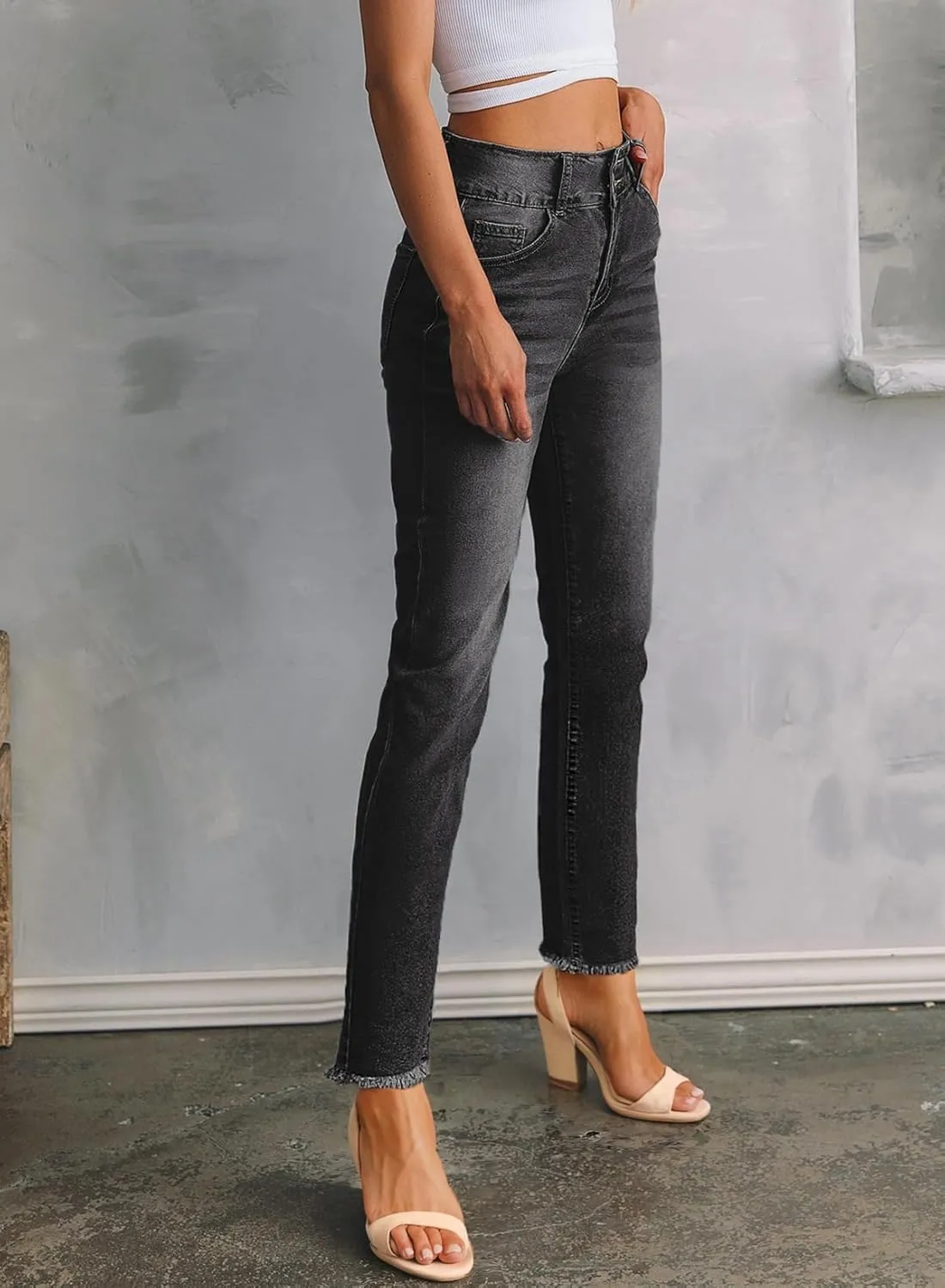Sidefeel Womens Jeans High Waisted Strechy Raw Hem Straight Leg Denim Pants with Pockets