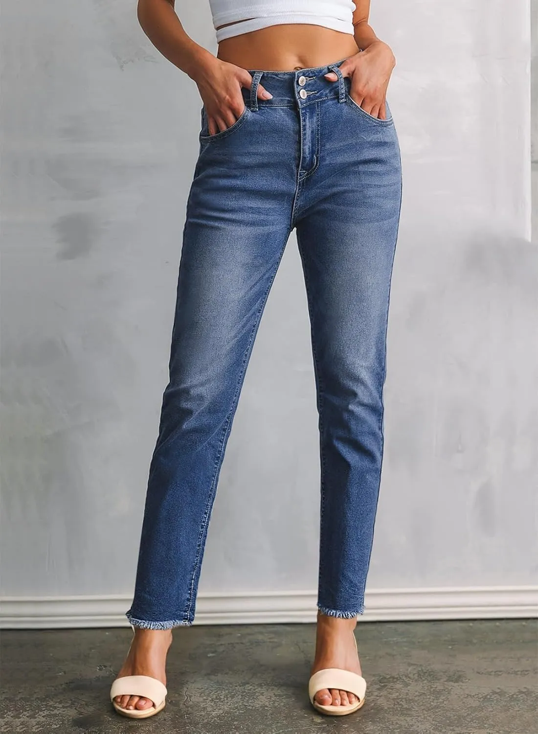 Sidefeel Womens Jeans High Waisted Strechy Raw Hem Straight Leg Denim Pants with Pockets