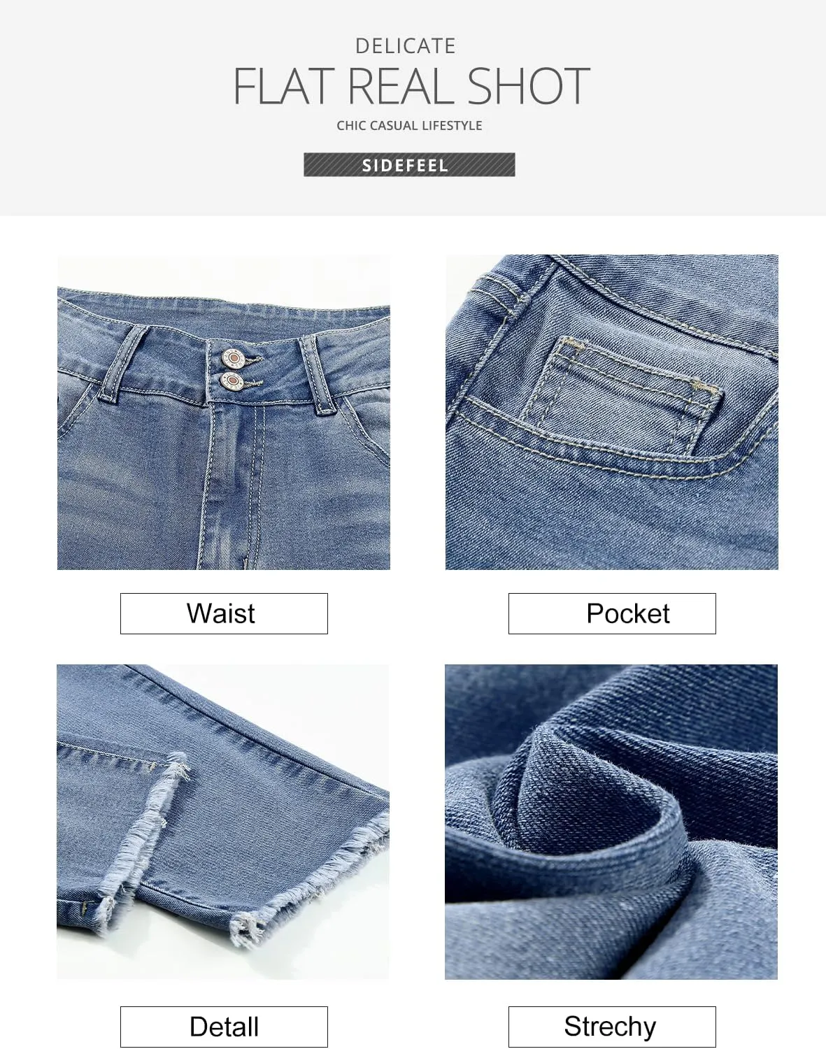 Sidefeel Womens Jeans High Waisted Strechy Raw Hem Straight Leg Denim Pants with Pockets