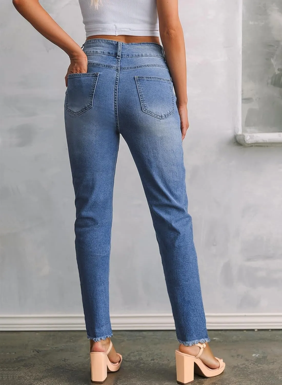 Sidefeel Womens Jeans High Waisted Strechy Raw Hem Straight Leg Denim Pants with Pockets