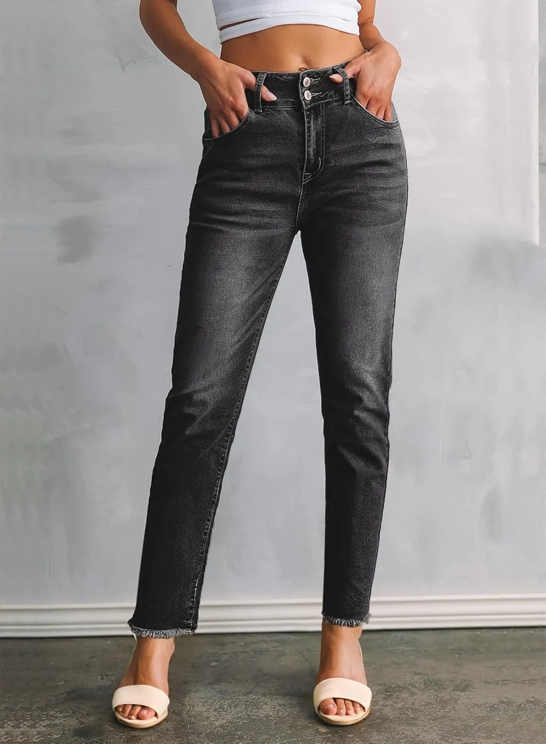 Sidefeel Womens Jeans High Waisted Strechy Raw Hem Straight Leg Denim Pants with Pockets