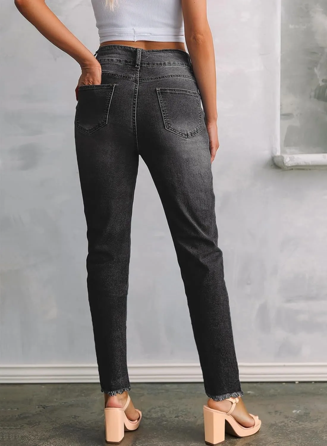 Sidefeel Womens Jeans High Waisted Strechy Raw Hem Straight Leg Denim Pants with Pockets