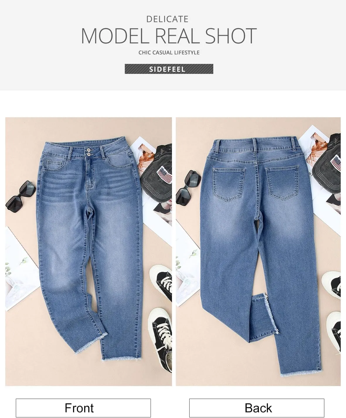 Sidefeel Womens Jeans High Waisted Strechy Raw Hem Straight Leg Denim Pants with Pockets