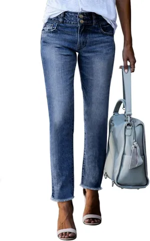 Sidefeel Womens Jeans High Waisted Strechy Raw Hem Straight Leg Denim Pants with Pockets