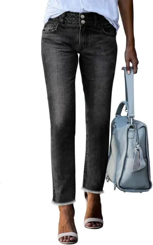Sidefeel Womens Jeans High Waisted Strechy Raw Hem Straight Leg Denim Pants with Pockets