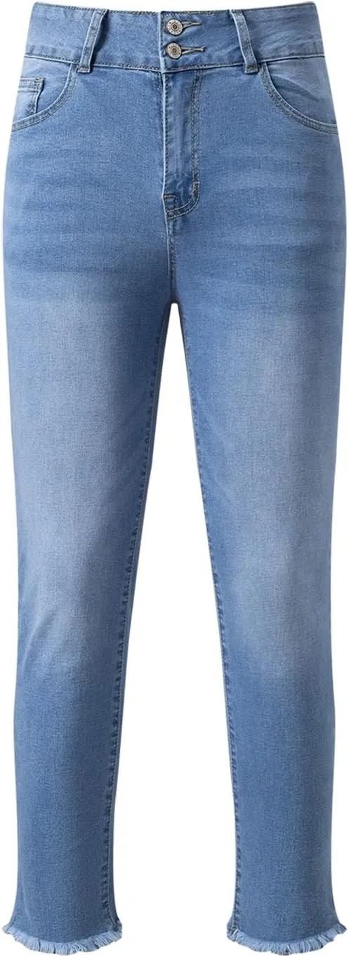 Sidefeel Womens Jeans High Waisted Strechy Raw Hem Straight Leg Denim Pants with Pockets