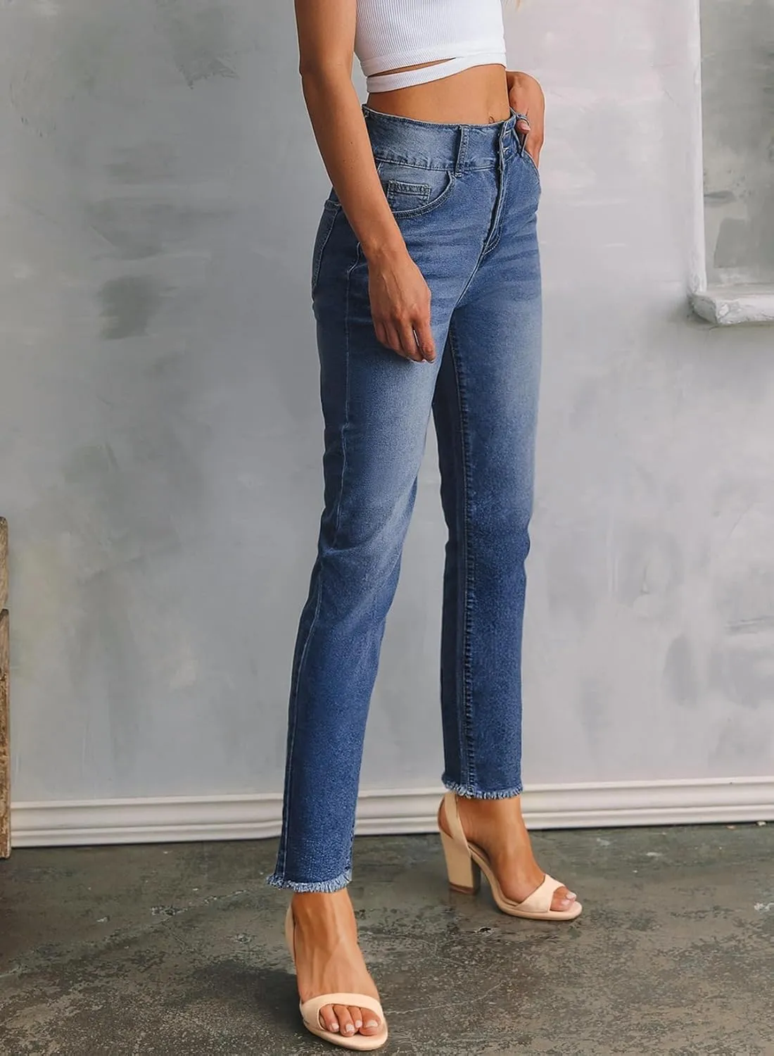 Sidefeel Womens Jeans High Waisted Strechy Raw Hem Straight Leg Denim Pants with Pockets