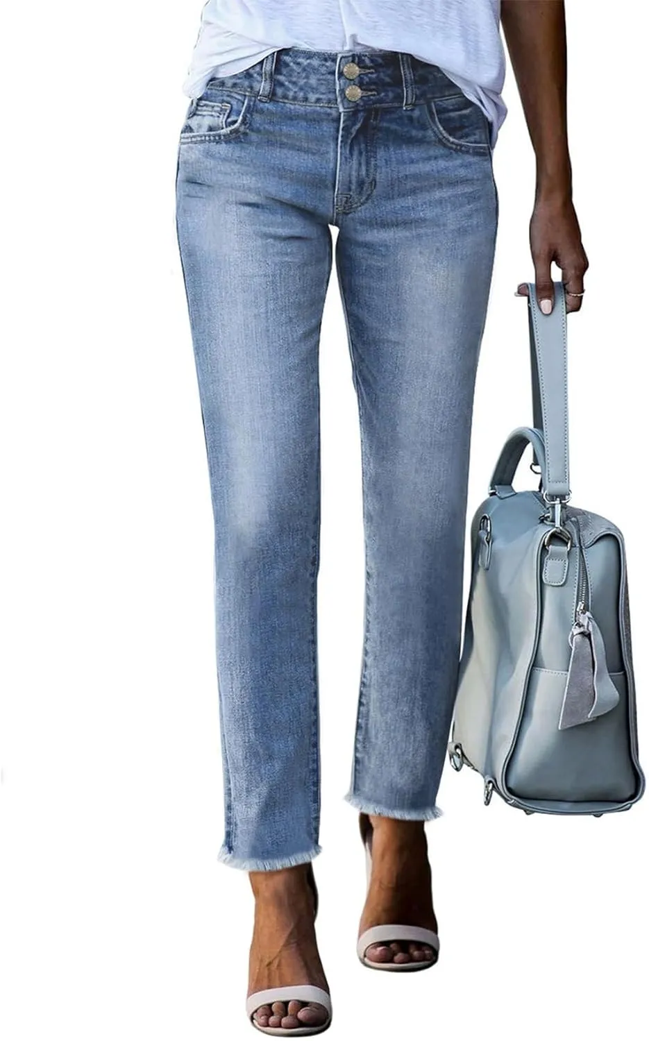 Sidefeel Womens Jeans High Waisted Strechy Raw Hem Straight Leg Denim Pants with Pockets