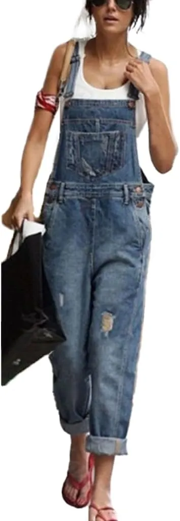 Skinny Ripped Jeans Denim Jumpsuit One Piece Rompers for Women Casual Stretch Distressed Jeans Bib Overalls