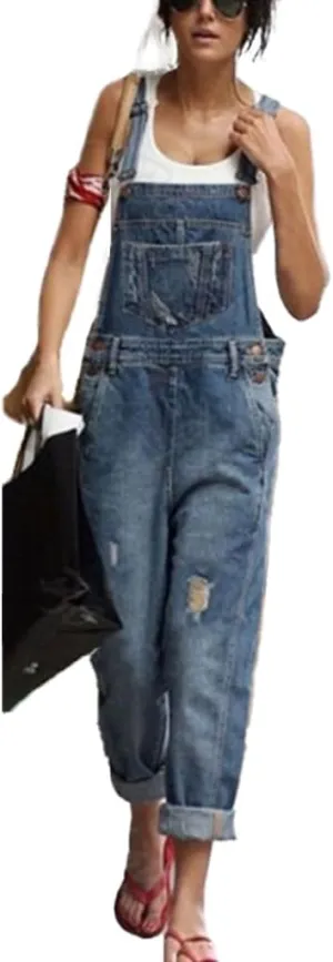 Skinny Ripped Jeans Denim Jumpsuit One Piece Rompers for Women Casual Stretch Distressed Jeans Bib Overalls
