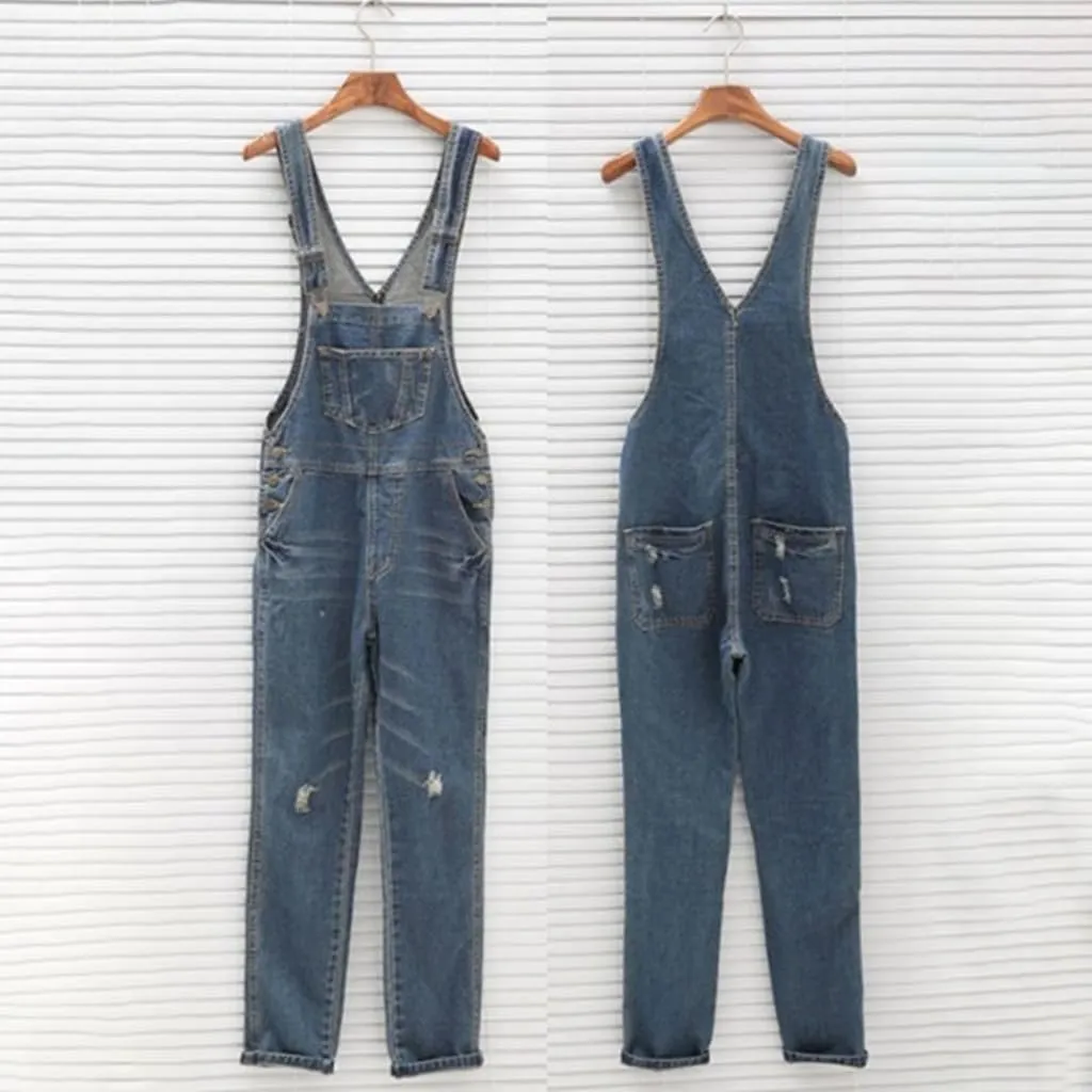 Skinny Ripped Jeans Denim Jumpsuit One Piece Rompers for Women Casual Stretch Distressed Jeans Bib Overalls