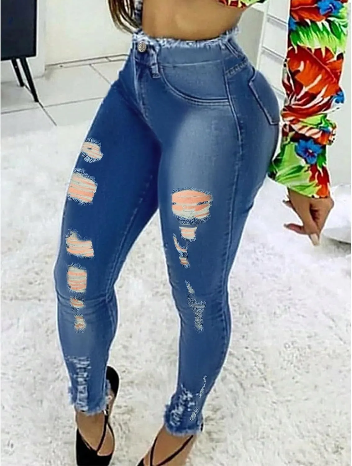 Skinny Ripped Jeans Womens High Waisted Distressed Cropped Stretchy Jeans Petite Raw Hem Denim Jeggings with Pockets
