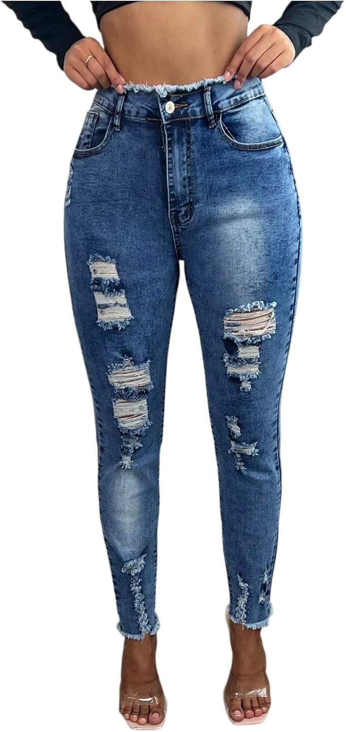 Skinny Ripped Jeans Womens High Waisted Distressed Cropped Stretchy Jeans Petite Raw Hem Denim Jeggings with Pockets