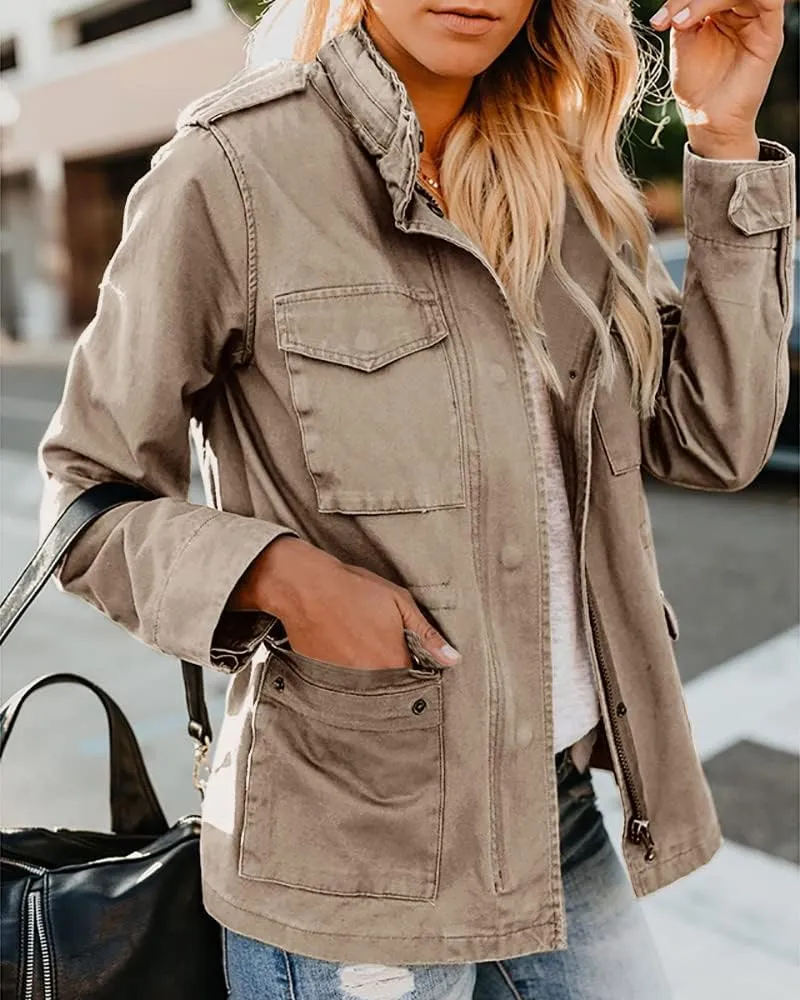 Soulomelody Women Military Anorak Jackets Zip Up Snap Buttons Parka Safari Utility Coats Outwear with Pocket