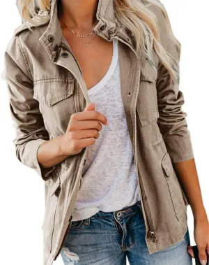 Soulomelody Women Military Anorak Jackets Zip Up Snap Buttons Parka Safari Utility Coats Outwear with Pocket