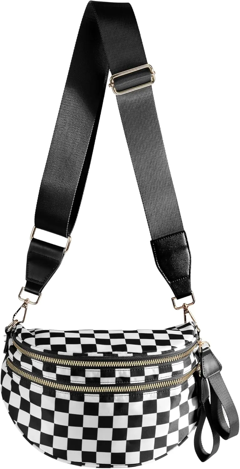 Spacious Checkered Nylon Crossbody Bag Bum Bag Checkered Handbags Wallets for Women