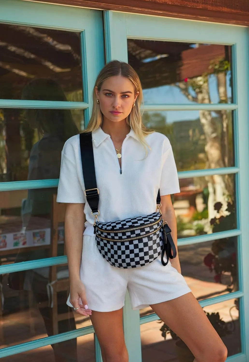 Spacious Checkered Nylon Crossbody Bag Bum Bag Checkered Handbags Wallets for Women