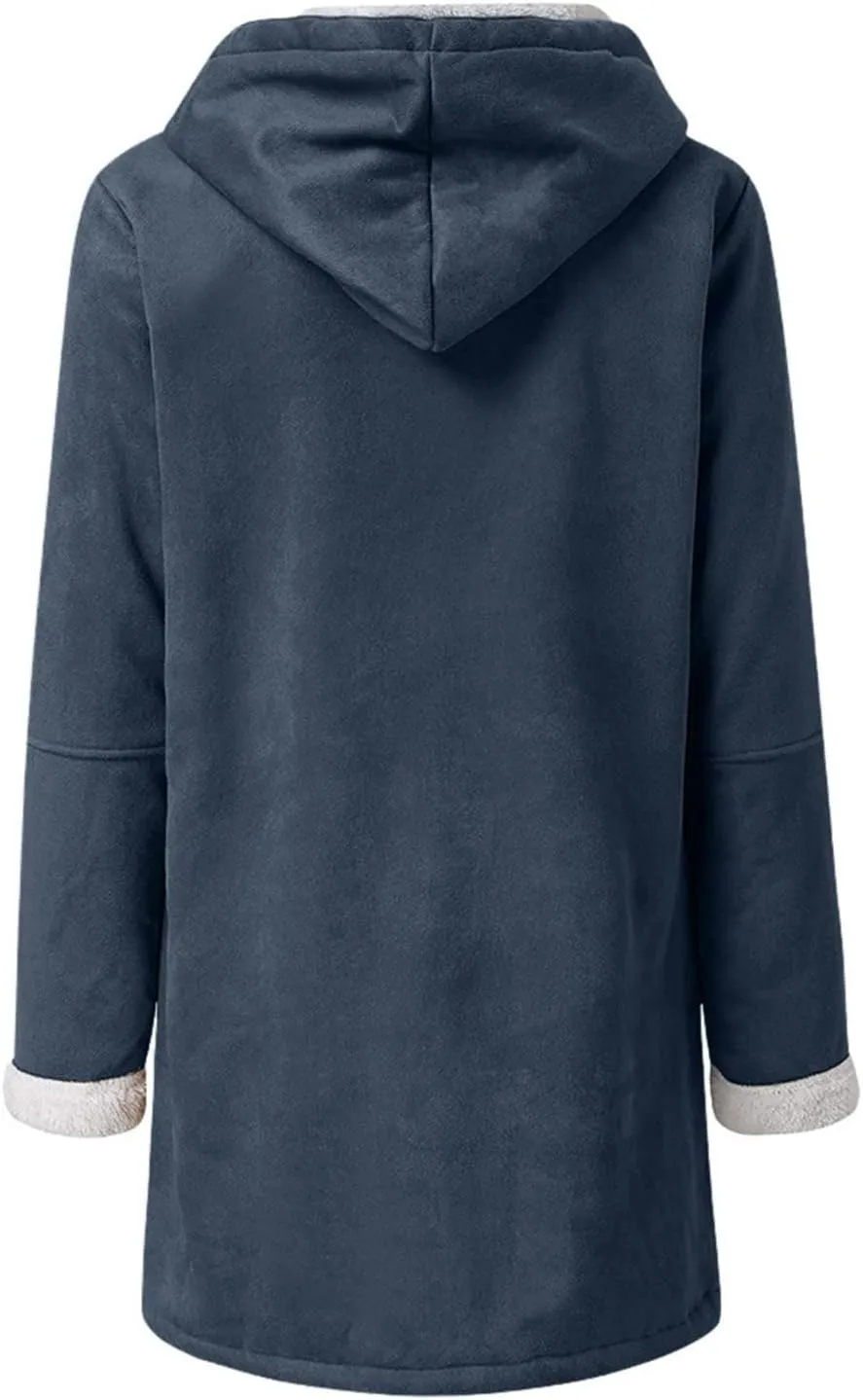 STYESH Winter Coats for Women Warm Thicken Fleece Lined Jacket Hoodie Fashion Horn Button Suede Coat Outerwear with Pockets