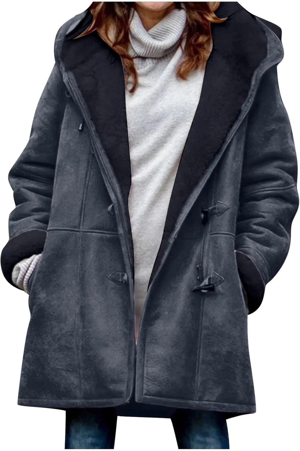 STYESH Winter Coats for Women Warm Thicken Fleece Lined Jacket Hoodie Fashion Horn Button Suede Coat Outerwear with Pockets