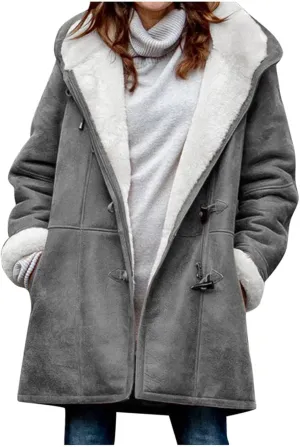 STYESH Winter Coats for Women Warm Thicken Fleece Lined Jacket Hoodie Fashion Horn Button Suede Coat Outerwear with Pockets