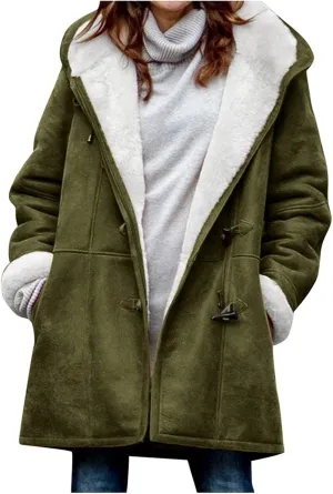 STYESH Winter Coats for Women Warm Thicken Fleece Lined Jacket Hoodie Fashion Horn Button Suede Coat Outerwear with Pockets