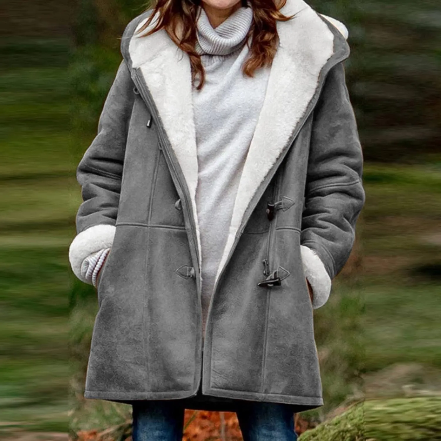 STYESH Winter Coats for Women Warm Thicken Fleece Lined Jacket Hoodie Fashion Horn Button Suede Coat Outerwear with Pockets