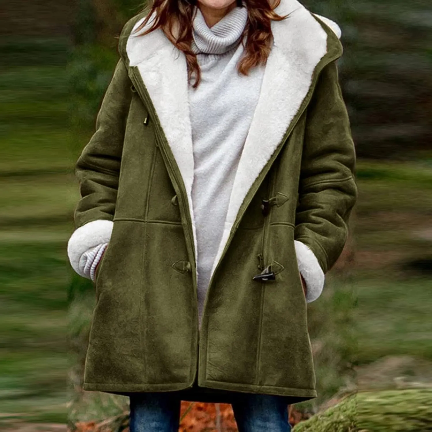 STYESH Winter Coats for Women Warm Thicken Fleece Lined Jacket Hoodie Fashion Horn Button Suede Coat Outerwear with Pockets