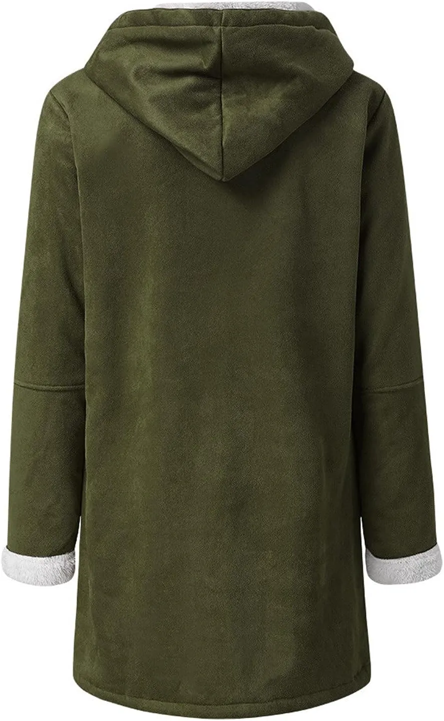 STYESH Winter Coats for Women Warm Thicken Fleece Lined Jacket Hoodie Fashion Horn Button Suede Coat Outerwear with Pockets
