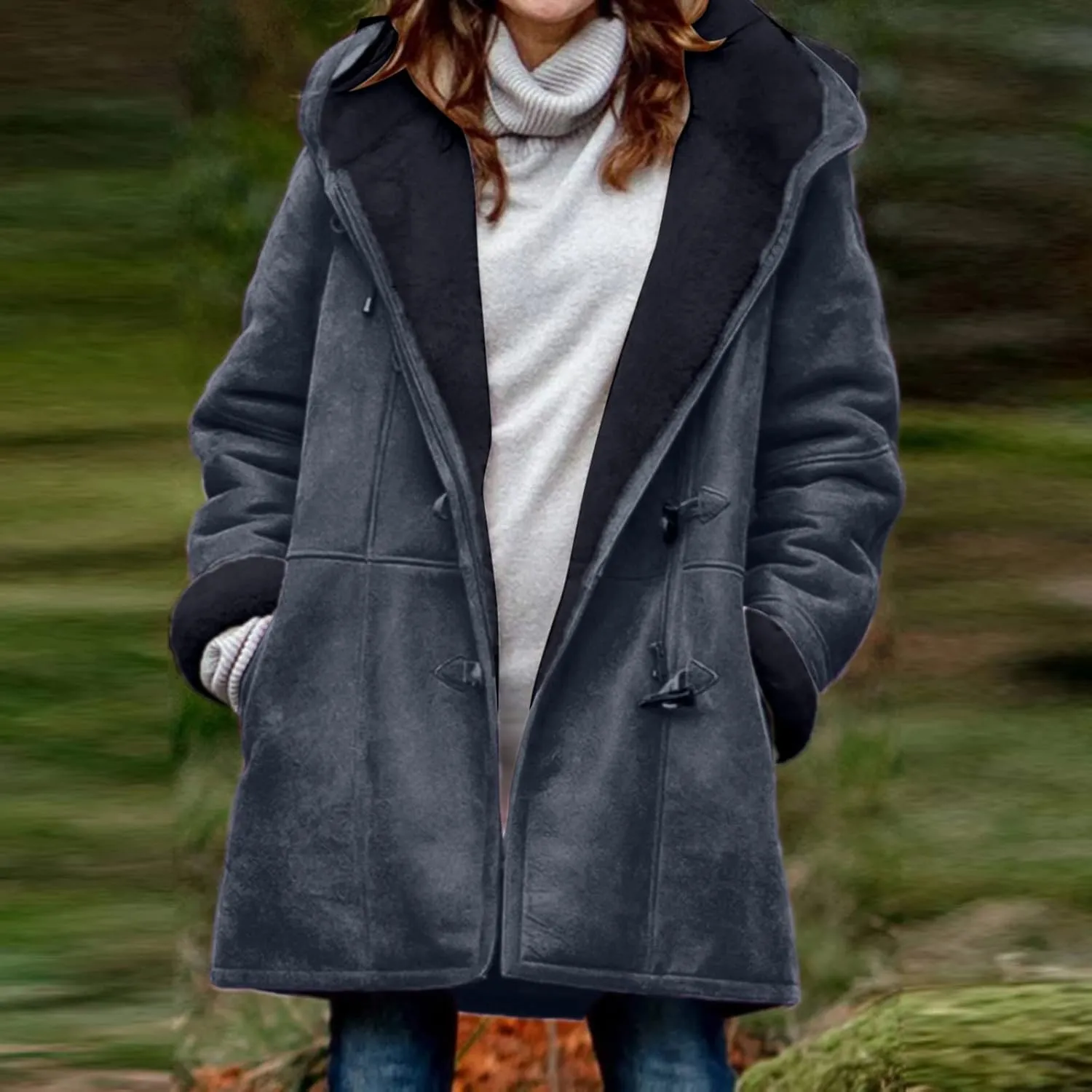 STYESH Winter Coats for Women Warm Thicken Fleece Lined Jacket Hoodie Fashion Horn Button Suede Coat Outerwear with Pockets