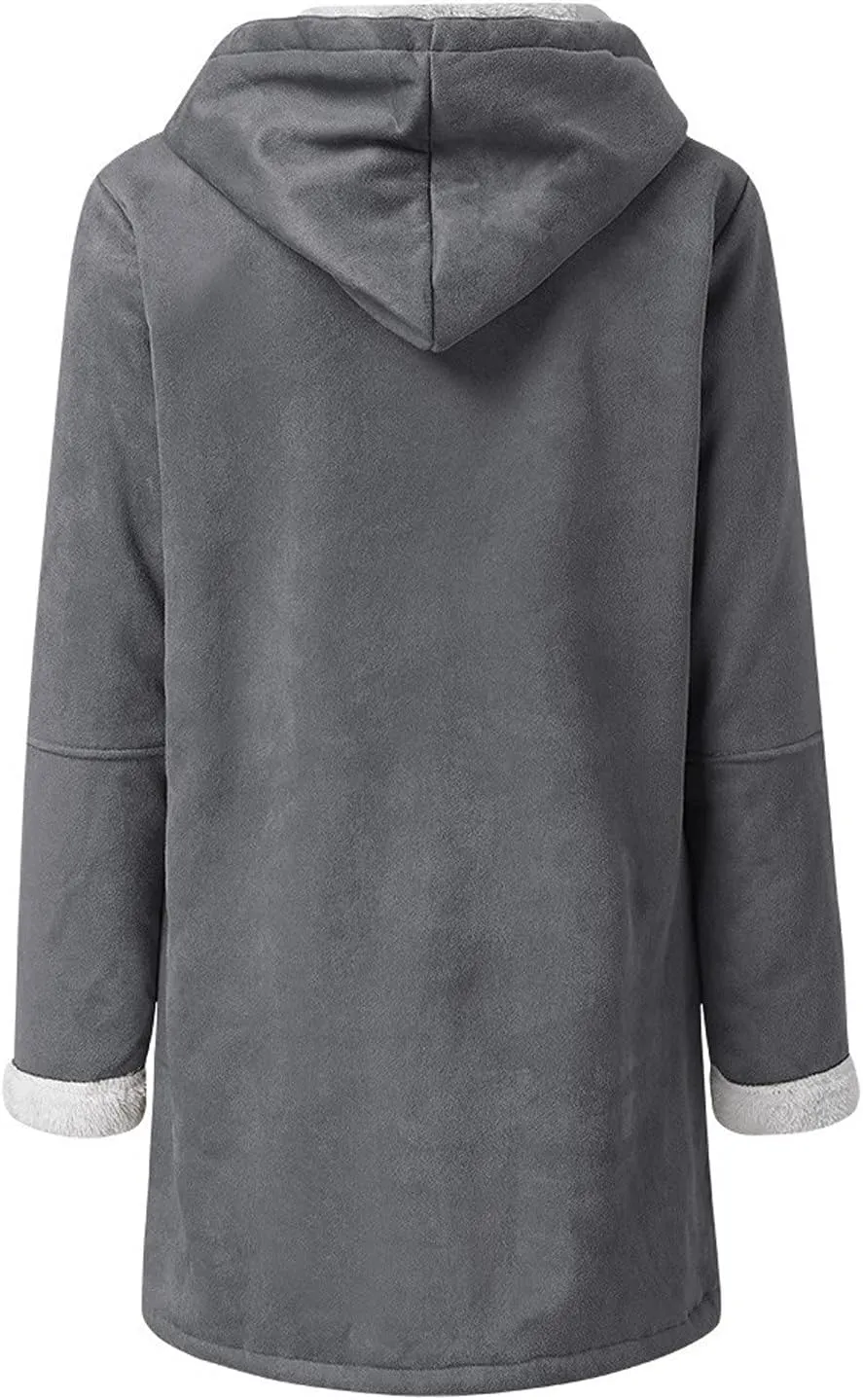 STYESH Winter Coats for Women Warm Thicken Fleece Lined Jacket Hoodie Fashion Horn Button Suede Coat Outerwear with Pockets