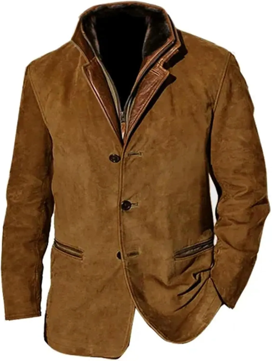 Suede Blazer for Men Faux Leather Suit Jacket Distressed Notch Lapel Buttons Sport Coat Zipper Trucker Western Jacket