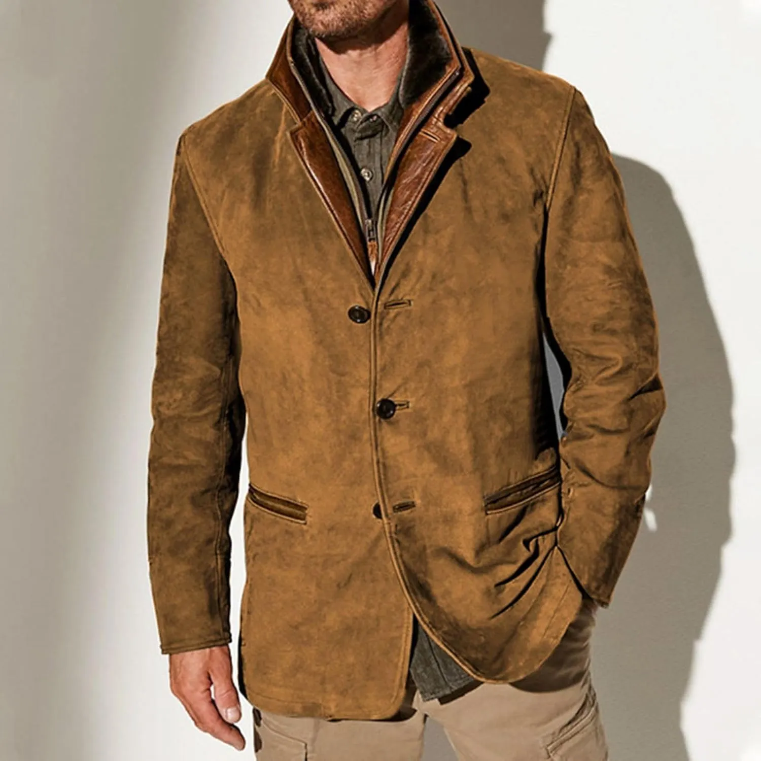 Suede Blazer for Men Faux Leather Suit Jacket Distressed Notch Lapel Buttons Sport Coat Zipper Trucker Western Jacket