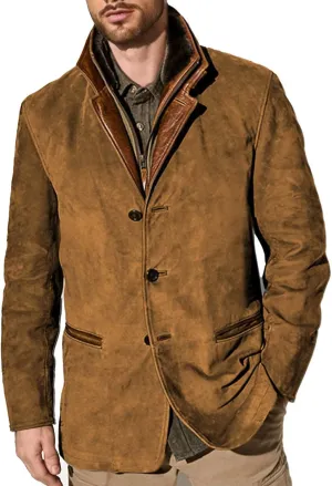 Suede Blazer for Men Faux Leather Suit Jacket Distressed Notch Lapel Buttons Sport Coat Zipper Trucker Western Jacket
