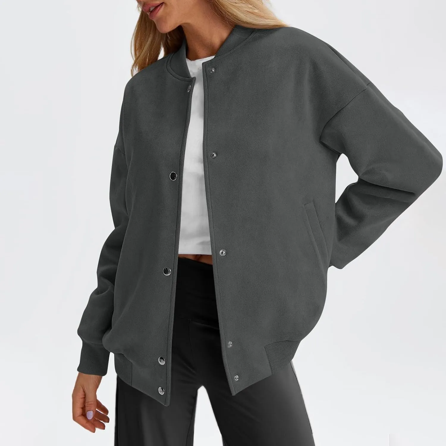 Suede Jacket Women Button Down Bomber Jacket Dressy Casual Varsity Moto Shackets with Pockets Fall Coat Y2k Clothes