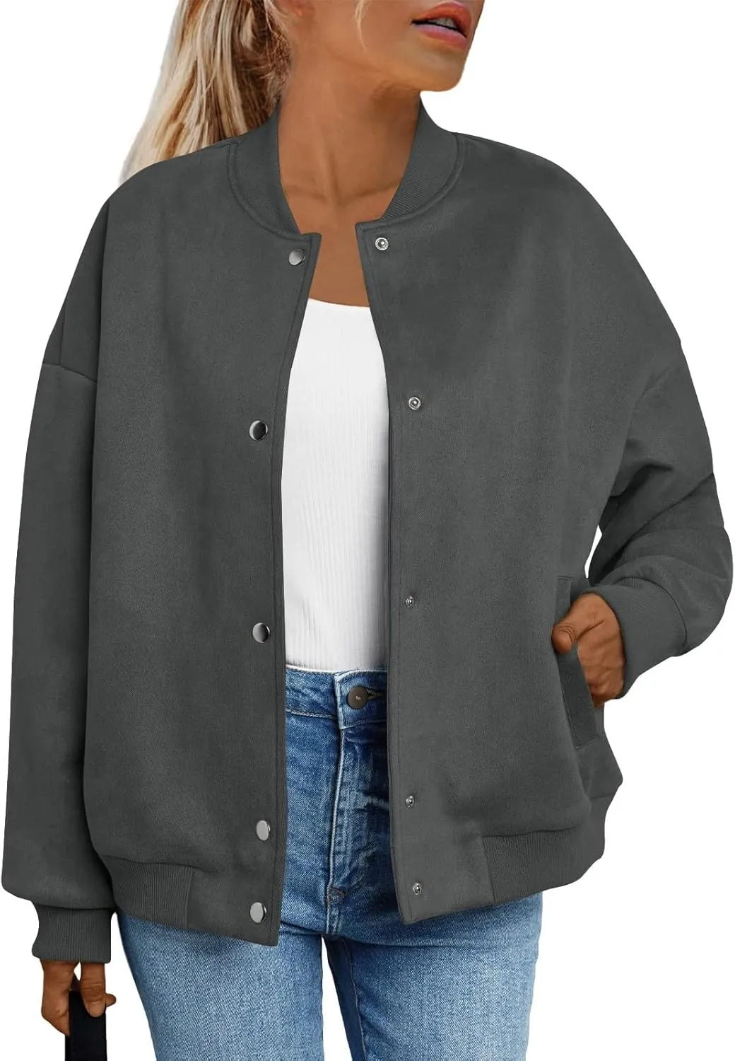 Suede Jacket Women Button Down Bomber Jacket Dressy Casual Varsity Moto Shackets with Pockets Fall Coat Y2k Clothes