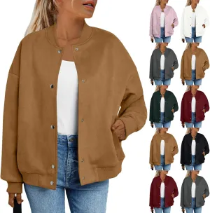 Suede Jacket Women Button Down Bomber Jacket Dressy Casual Varsity Shackets with Pockets Fall Coat Y2k Clothes