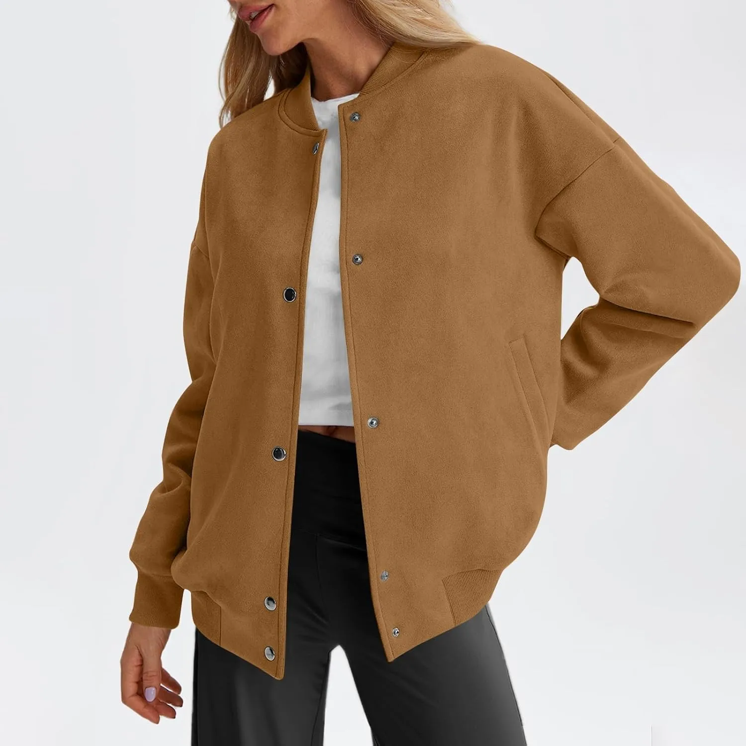Suede Jacket Women Button Down Bomber Jacket Dressy Casual Varsity Shackets with Pockets Fall Coat Y2k Clothes