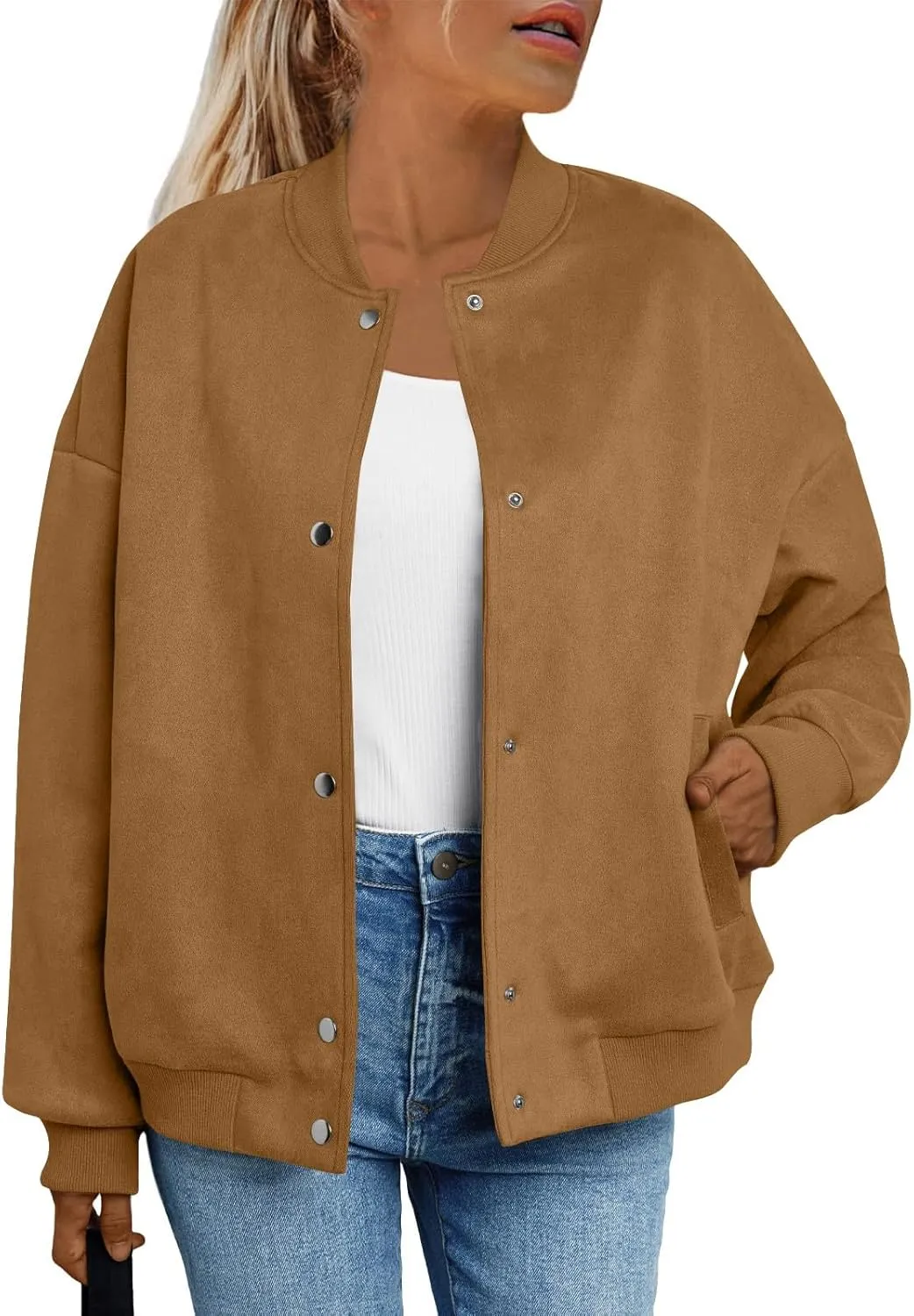 Suede Jacket Women Button Down Bomber Jacket Dressy Casual Varsity Shackets with Pockets Fall Coat Y2k Clothes