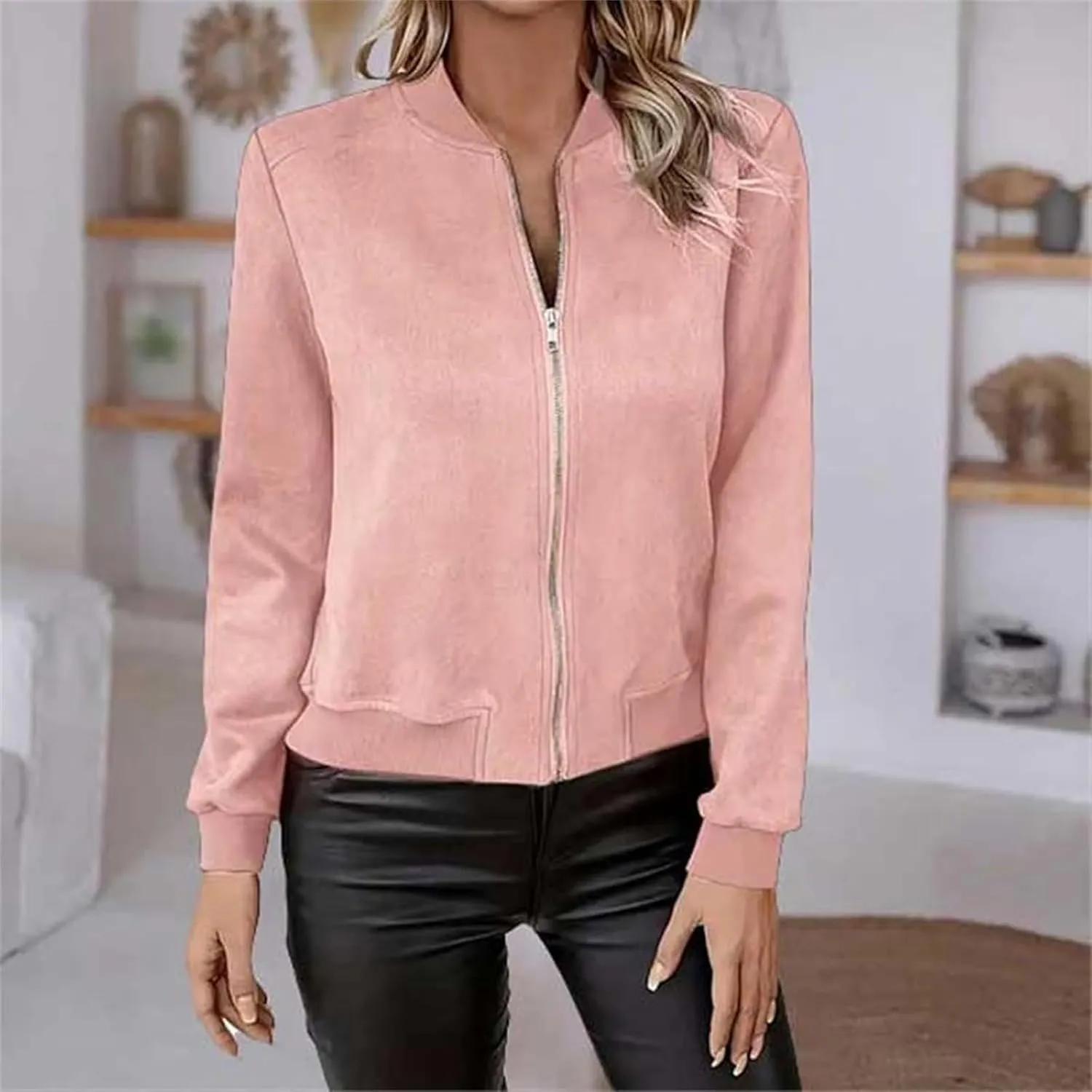 Suede Jacket Women Cropped Zip Up Bomber Jackets Dressy Casual Fall Coat Long Sleeve Biker Moto Jacket Outerwear