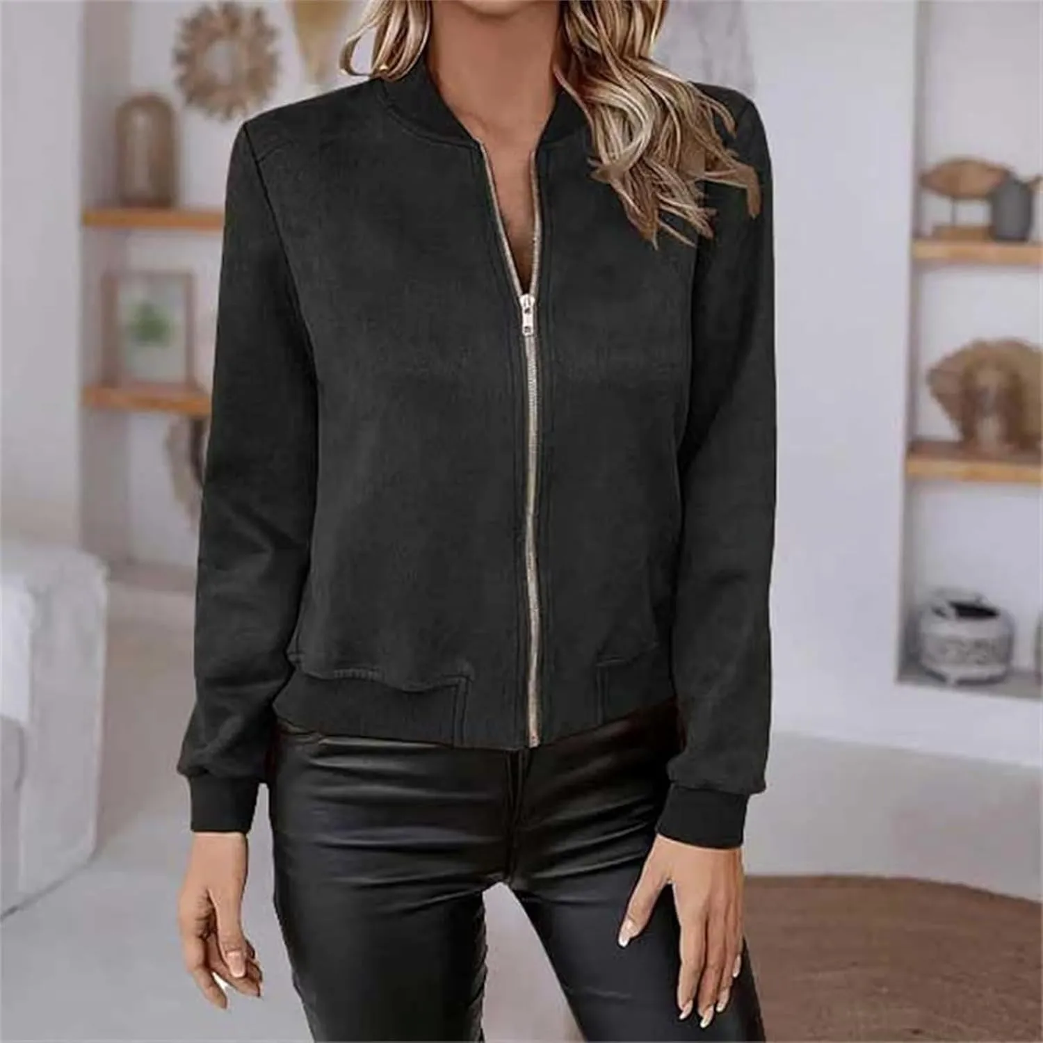 Suede Jacket Women Cropped Zip Up Bomber Jackets Dressy Casual Fall Coat Long Sleeve Biker Moto Jacket Outerwear