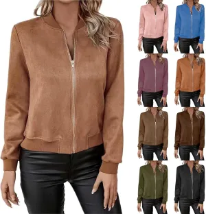 Suede Jacket Women Cropped Zip Up Bomber Jackets Dressy Casual Fall Coat Long Sleeve Biker Moto Jacket Outerwear