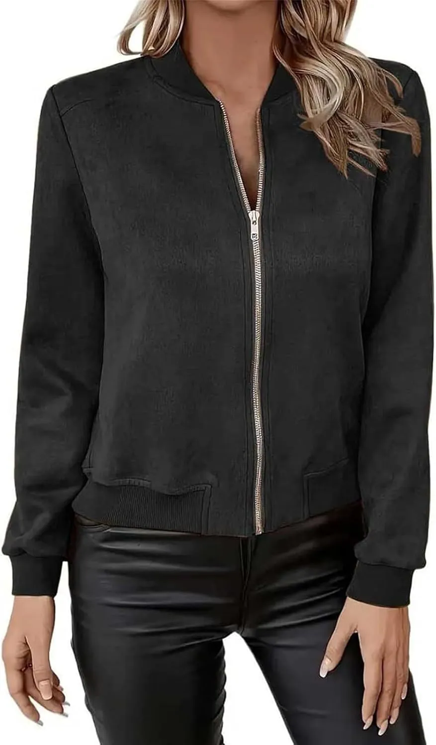 Suede Jacket Women Cropped Zip Up Bomber Jackets Dressy Casual Fall Coat Long Sleeve Biker Moto Jacket Outerwear