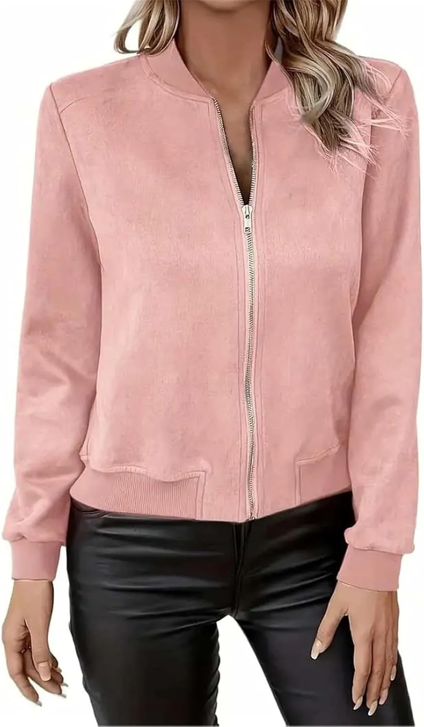Suede Jacket Women Cropped Zip Up Bomber Jackets Dressy Casual Fall Coat Long Sleeve Biker Moto Jacket Outerwear