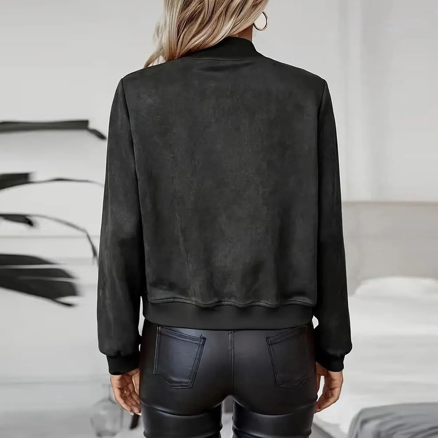 Suede Jacket Women Cropped Zip Up Bomber Jackets Dressy Casual Fall Coat Long Sleeve Biker Moto Jacket Outerwear
