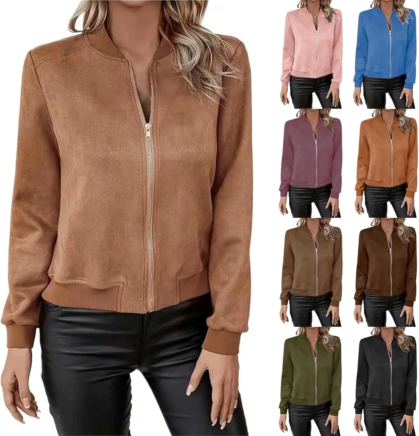 Suede Jacket Women Cropped Zip Up Bomber Jackets Dressy Casual Fall Coat Long Sleeve Biker Moto Jacket Outerwear
