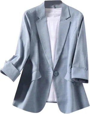 Summer Linen Blazers for Women 2025 Trendy Lightweight Casual One Button Work Jackets Thin Shirts Blazer with Pockets